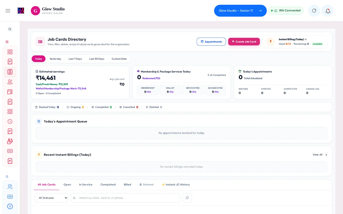 Job Cards Directory with estimated earnings, today’s appointments and job card status tabs