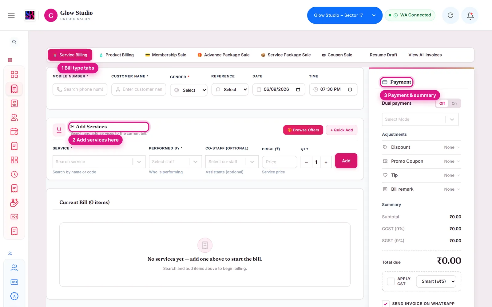 Make A Bill screen with the bill-type tabs, the Add Services card and the Payment panel