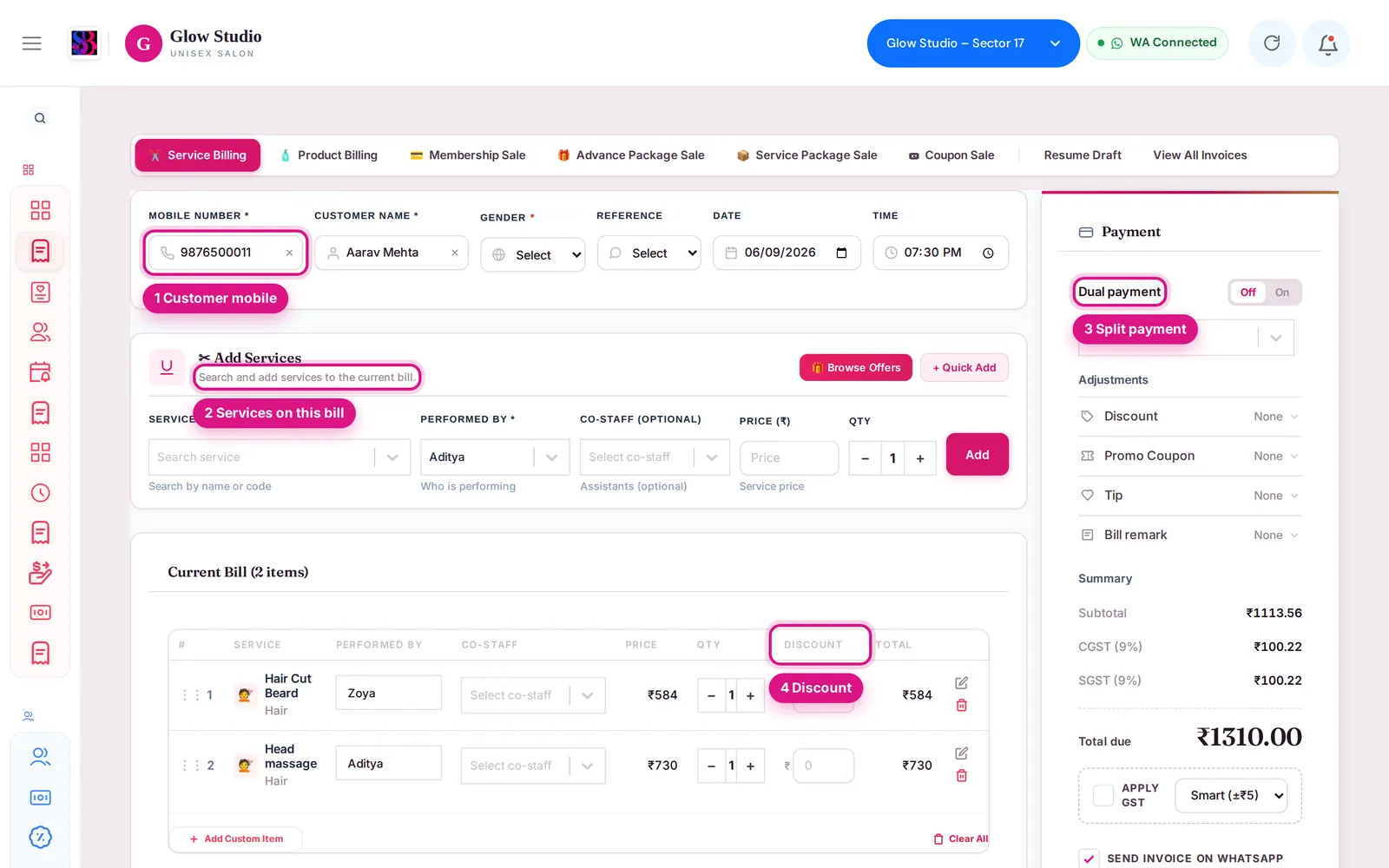 A service bill with two services, the customer mobile, the Current Bill list, Dual payment and the Discount column marked