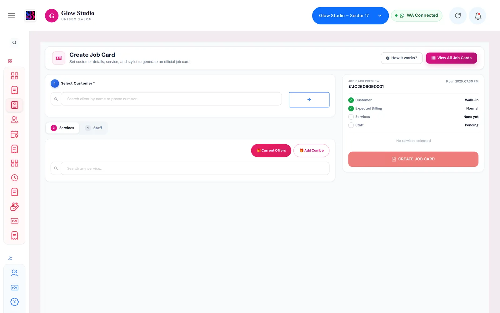 Create Job Card page with customer search, services and staff