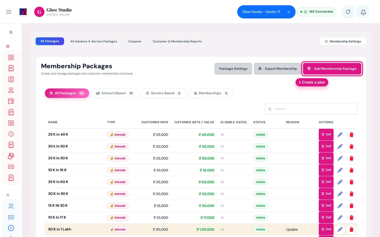 Membership Packages list with the Add Membership Package button