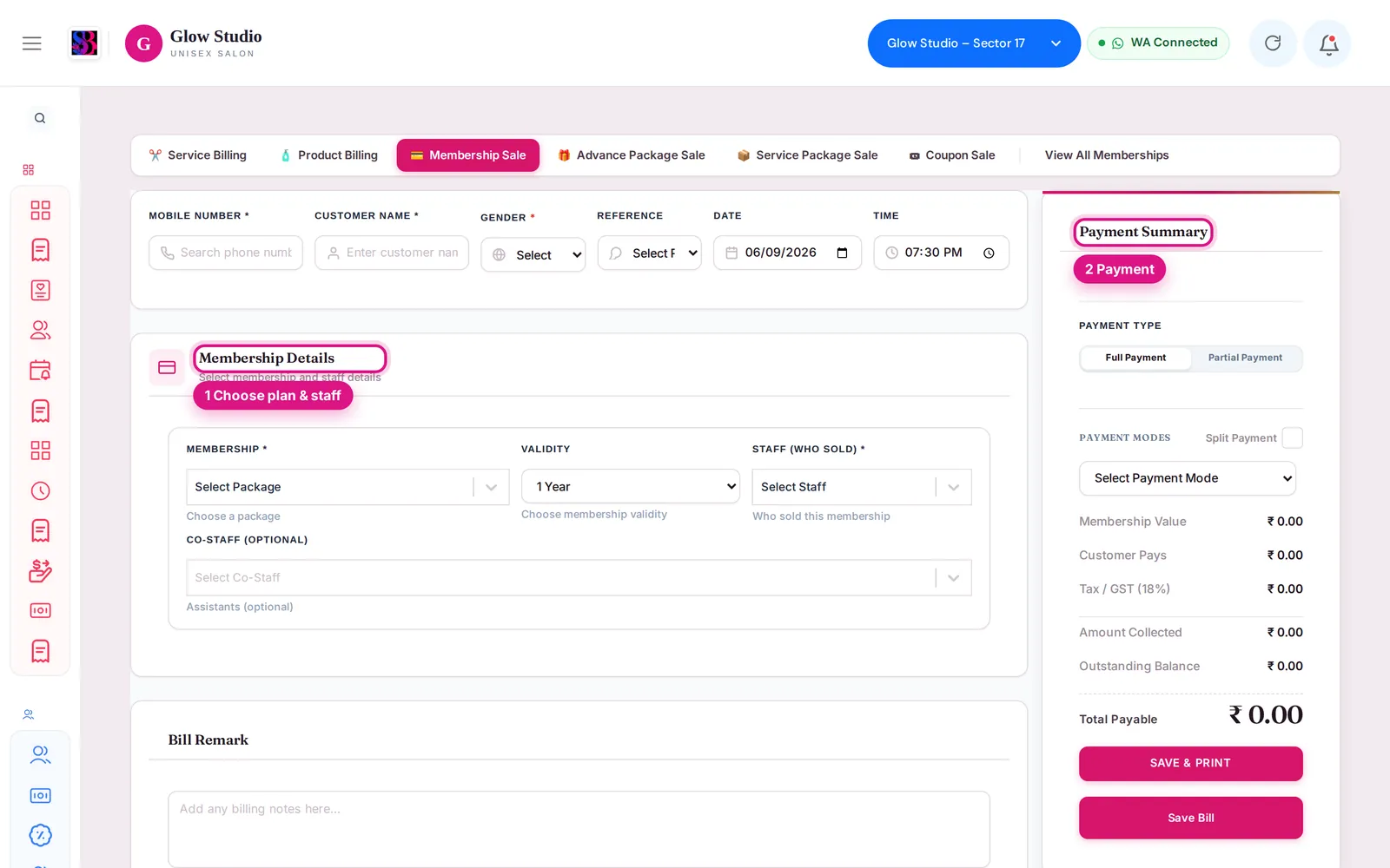 Membership Sale screen with plan, staff and payment panel