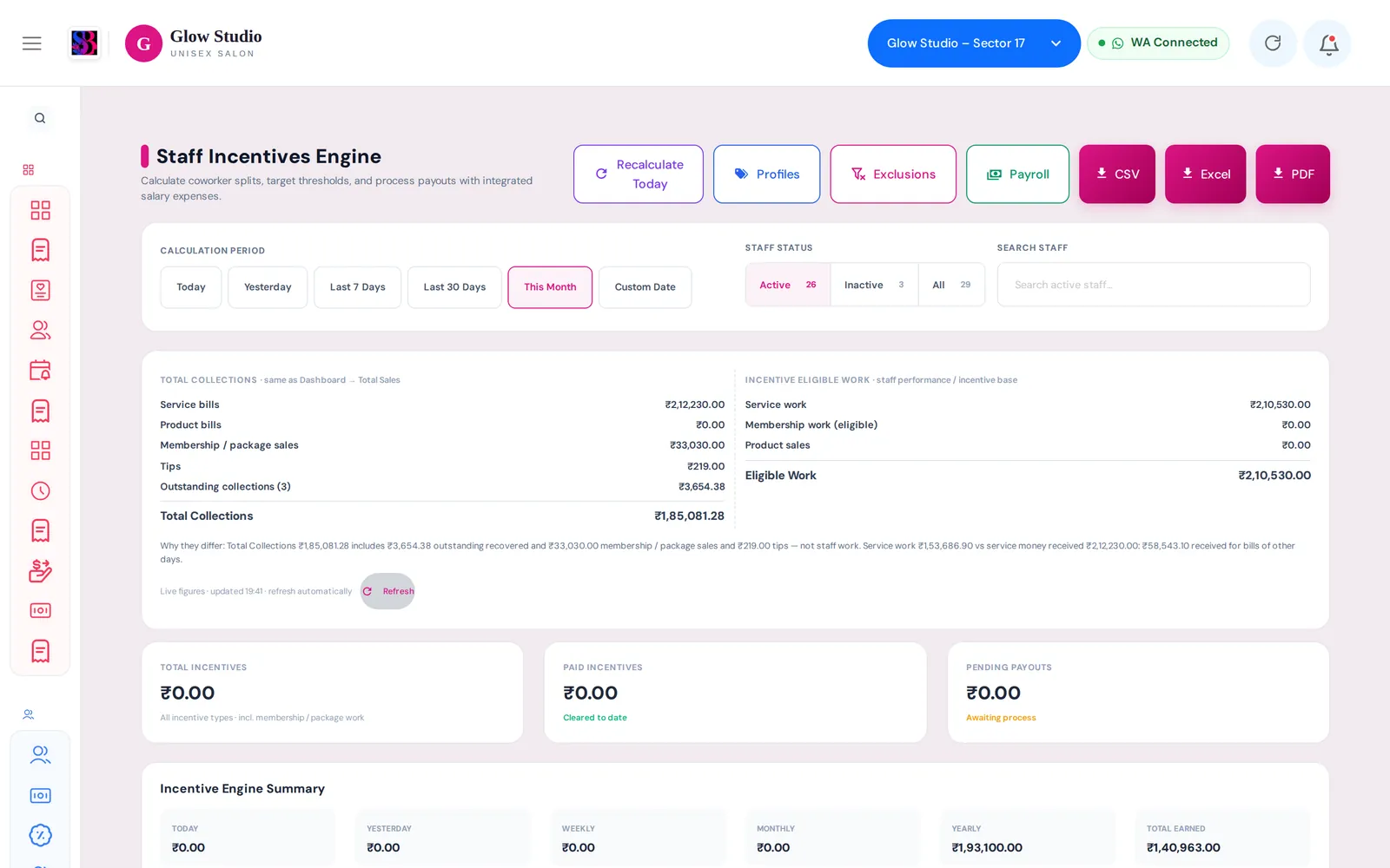 Staff Incentives Engine with period filters, collections versus eligible work and incentive totals