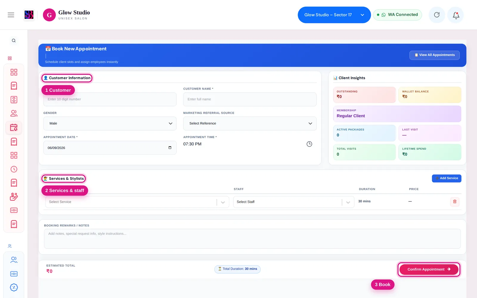 Salon appointment scheduling calendar and automated reminder queue