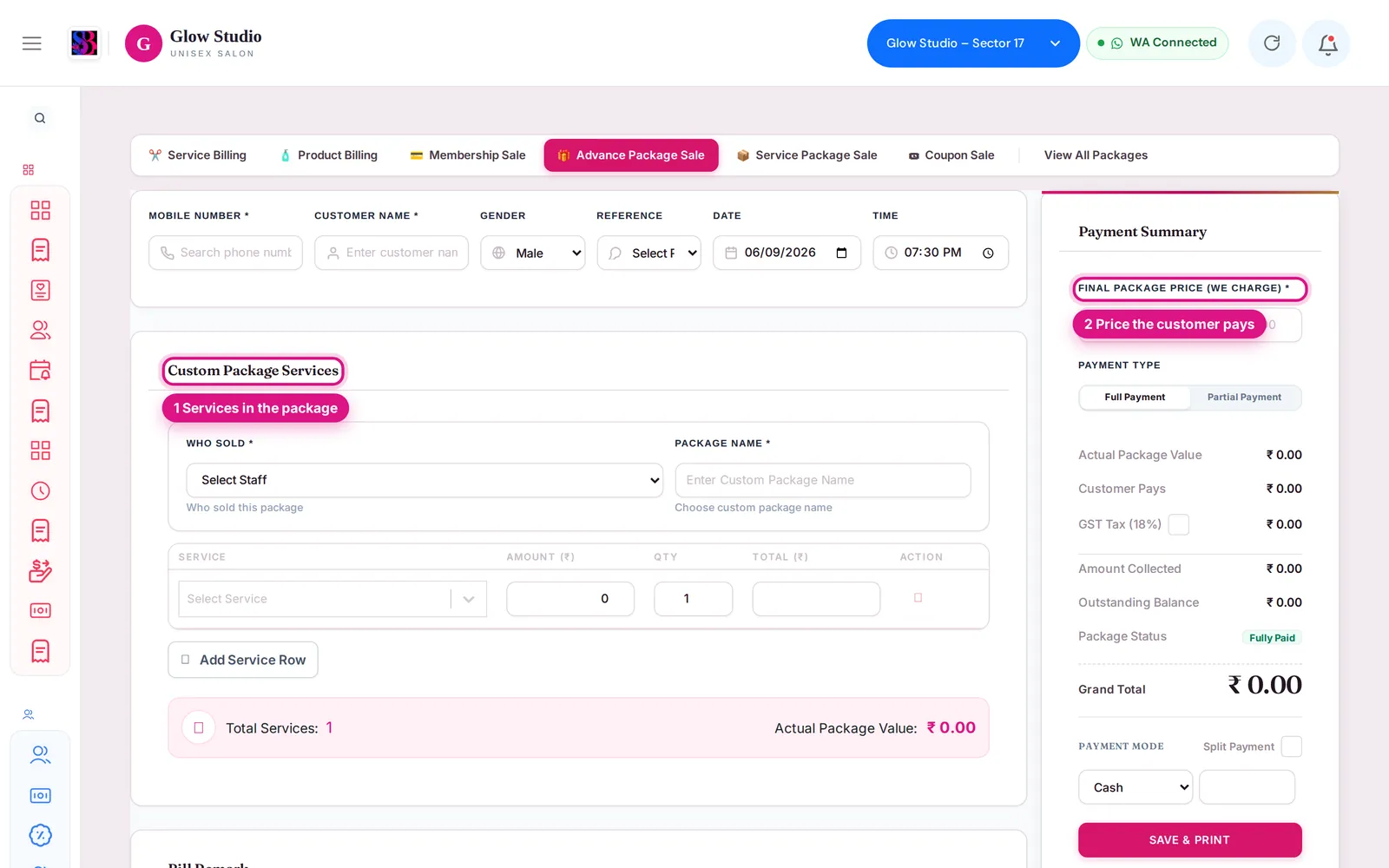 Salon Memberships and Advance Package Management screen in SalonBill