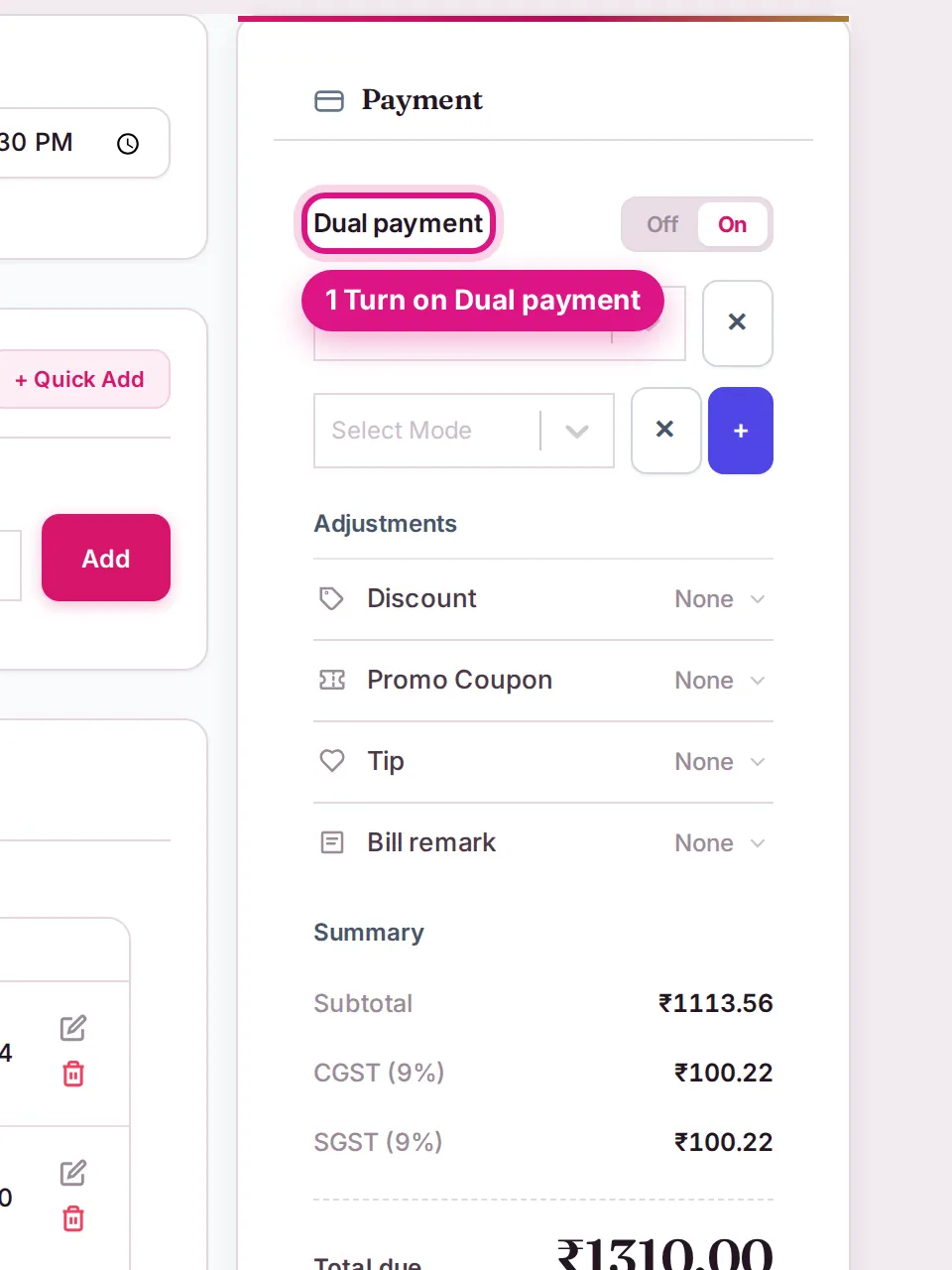 Fast Salon Billing screen with split payment, GST summary, and stylist service assignment