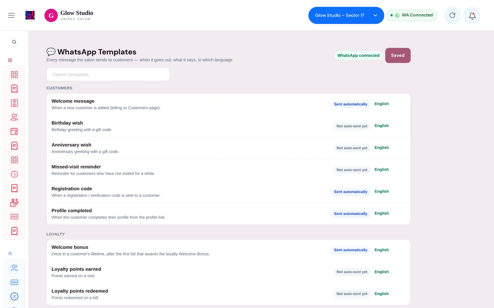 Automated WhatsApp message templates for salon invoices, reminders, and offers